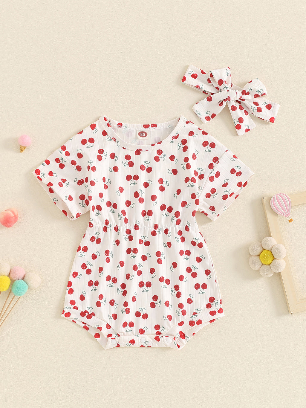 Suealasg Baby Girl 2Pcs Summer Outfits Short Sleeve Cherry Print Romper +Headband Set 3 6 9 12 18 Months Infant Newborn Girl Clothes