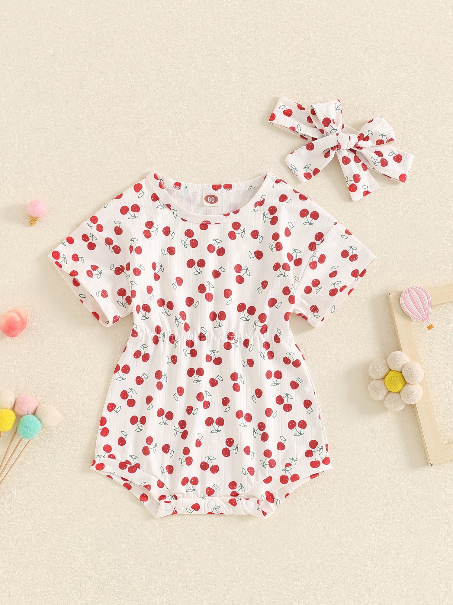 Suealasg Baby Girl 2Pcs Summer Outfits Short Sleeve Cherry Print Romper +Headband Set 3 6 9 12 18 Months Infant Newborn Girl Clothes