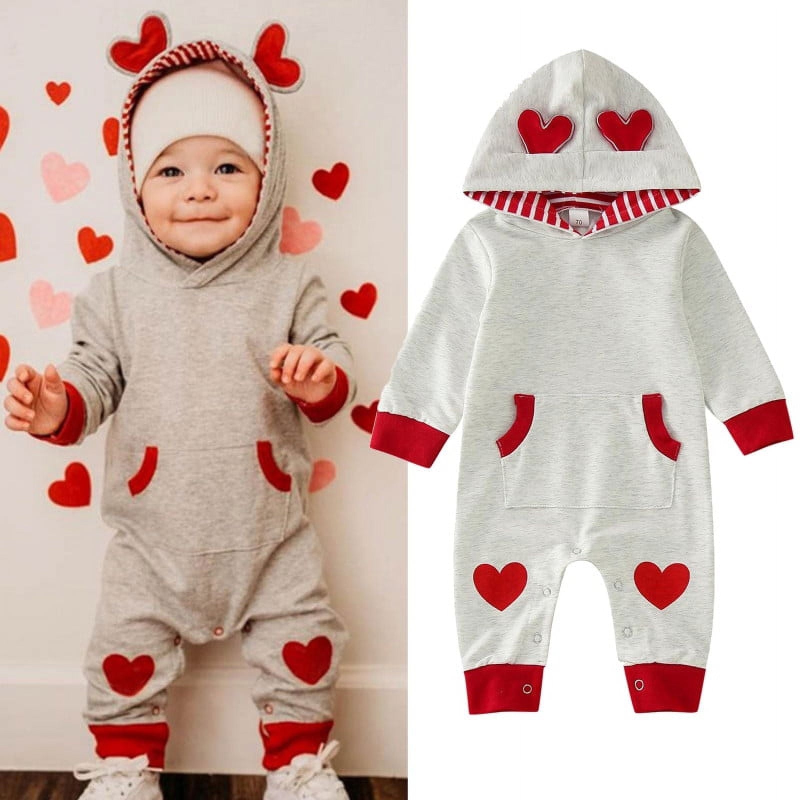 Byoo Newborn Boys Bodysuit Valentine's Day Soft Heart Print Long Sleeve Pocket Hooded Jumpsuit Baby Sport Kids Romper Clothes