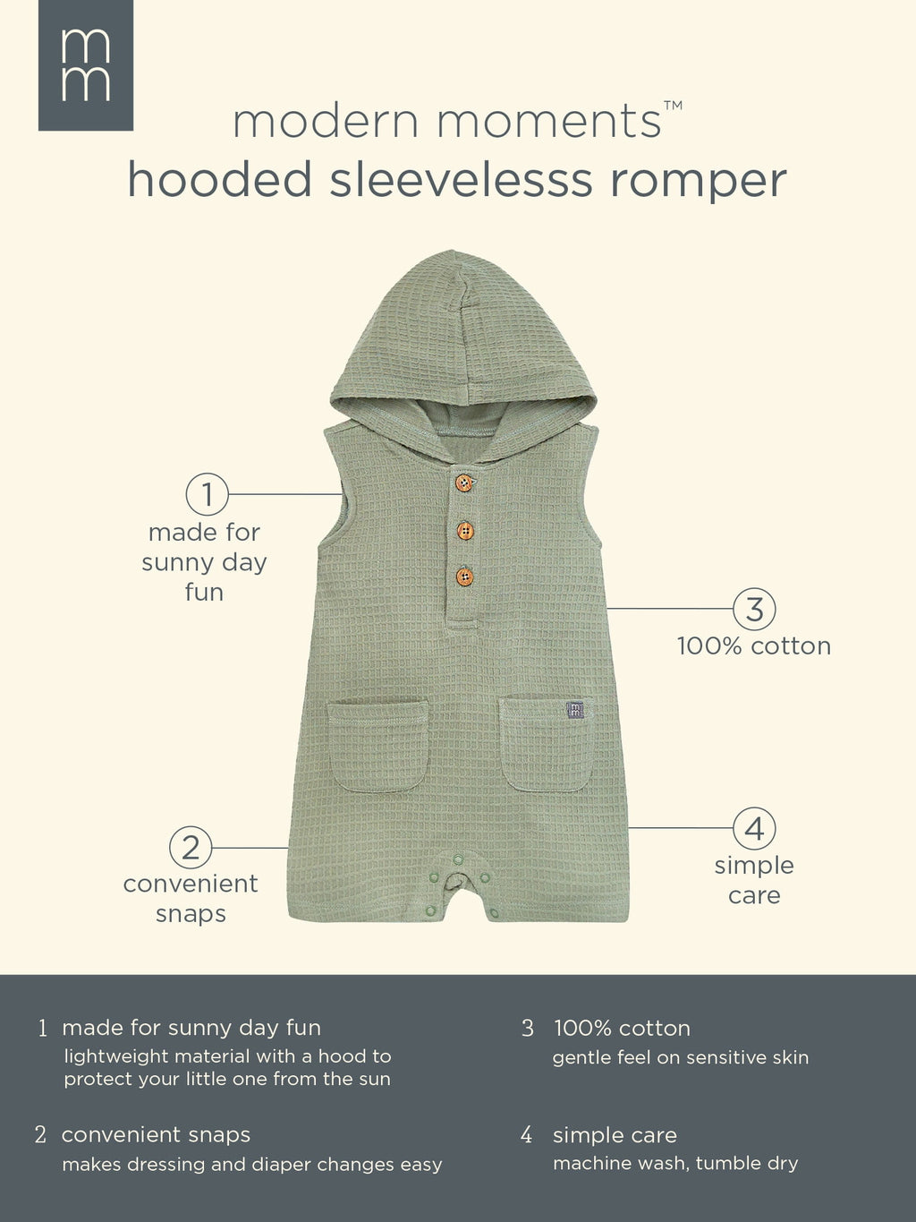 Modern Moments by Gerber Baby Boy Cotton Hooded Sleeveless Romper, Sizes 0/3 Months - 24 Months