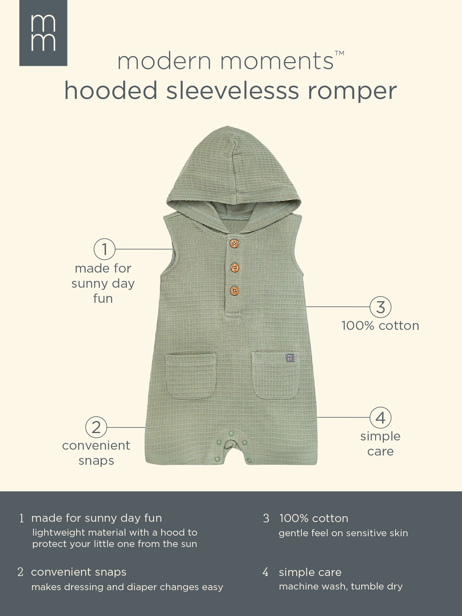 Modern Moments by Gerber Baby Boy Cotton Hooded Sleeveless Romper, Sizes 0/3 Months - 24 Months