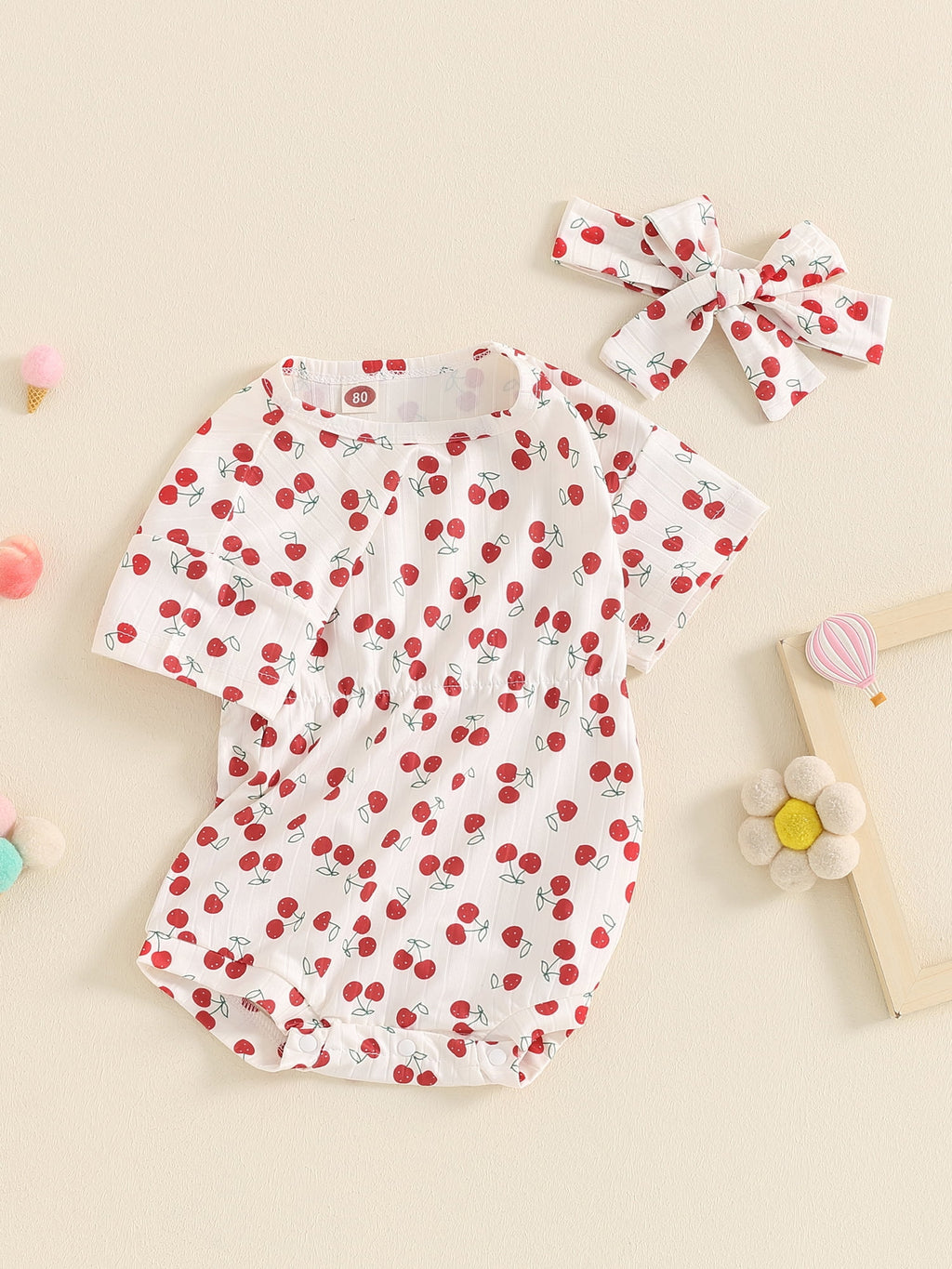 Suealasg Baby Girl 2Pcs Summer Outfits Short Sleeve Cherry Print Romper +Headband Set 3 6 9 12 18 Months Infant Newborn Girl Clothes