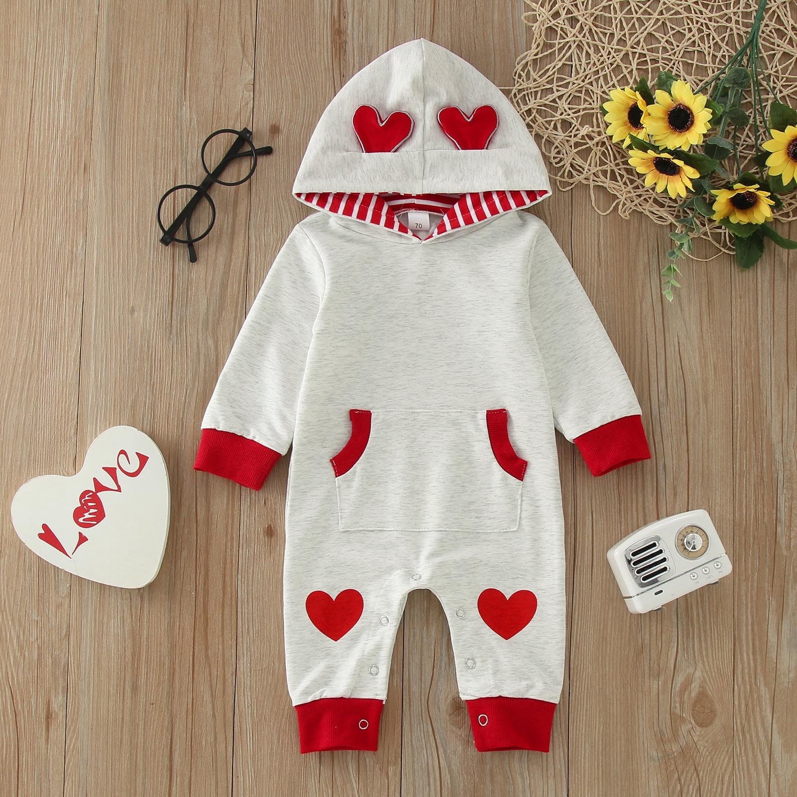Byoo Newborn Boys Bodysuit Valentine's Day Soft Heart Print Long Sleeve Pocket Hooded Jumpsuit Baby Sport Kids Romper Clothes