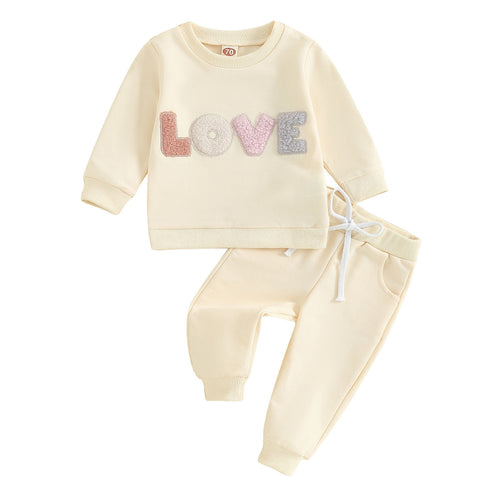 BLVB Toddler Baby Girl Valentines Day Outfit Love Heart Embroidered Long Sleeve Sweatshirt and Pant Sets Newborn Infant 2 PCS Clothes