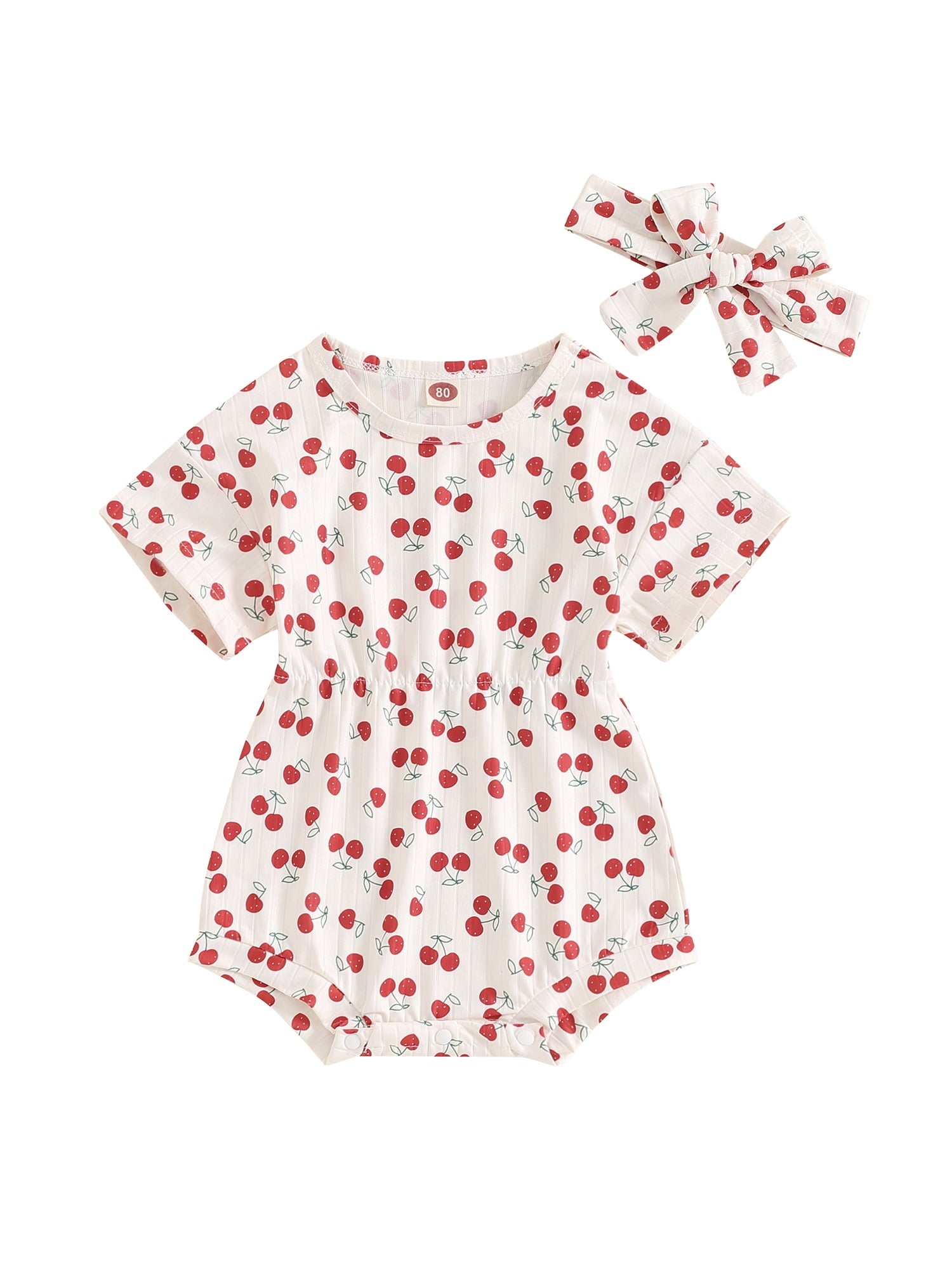 Suealasg Baby Girl 2Pcs Summer Outfits Short Sleeve Cherry Print Romper +Headband Set 3 6 9 12 18 Months Infant Newborn Girl Clothes