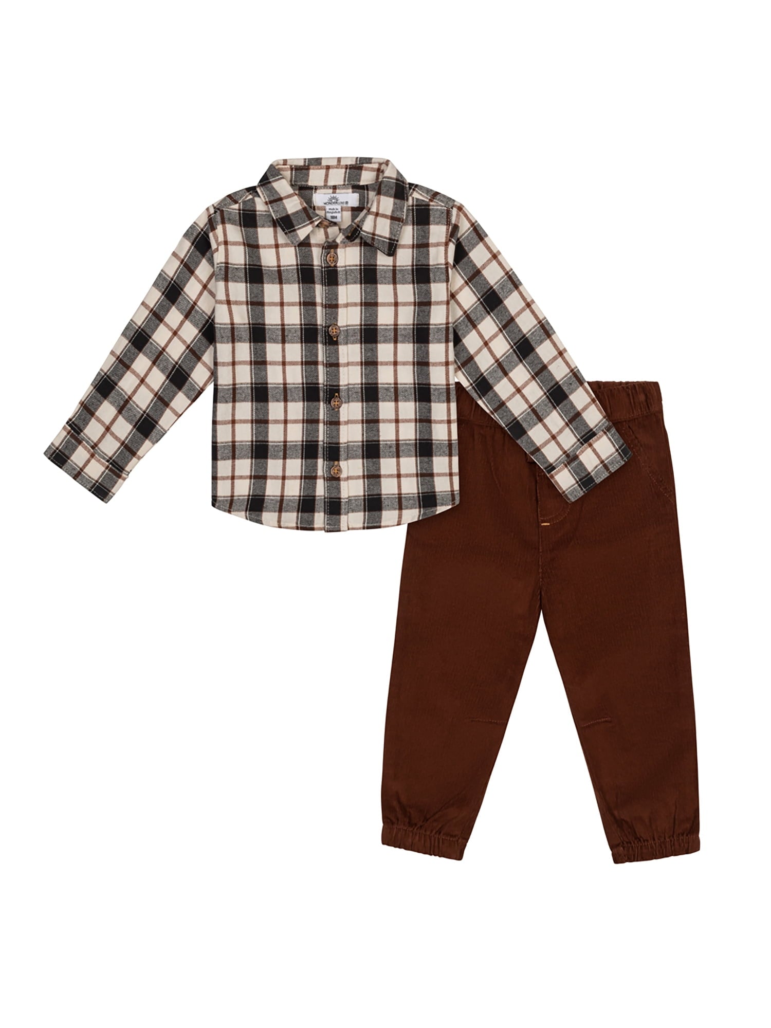 Wonderluxe Baby Boys' Long Sleeve Flannel Shirt and Pant, 2-Piece Set, Sizes 0-3M-24M