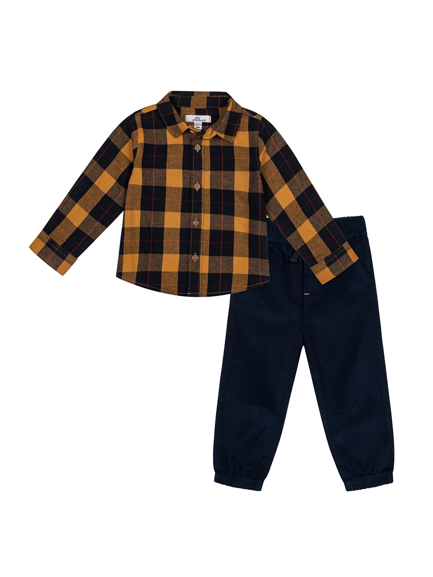 Wonderluxe Baby Boys' Long Sleeve Flannel Shirt and Pant, 2-Piece Set, Sizes 0-3M-24M