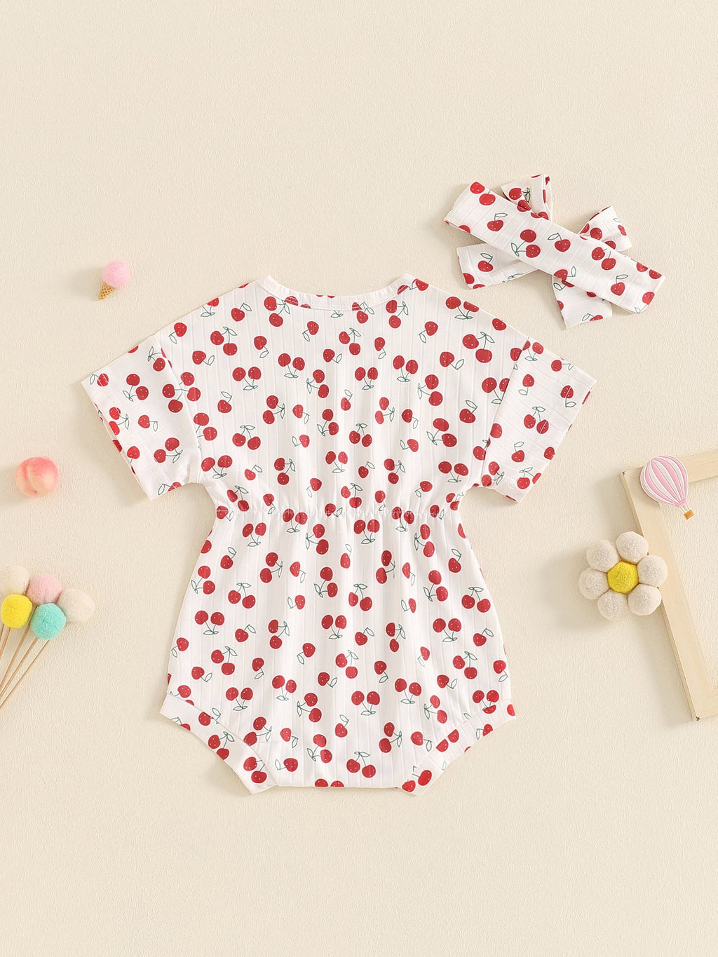 Suealasg Baby Girl 2Pcs Summer Outfits Short Sleeve Cherry Print Romper +Headband Set 3 6 9 12 18 Months Infant Newborn Girl Clothes