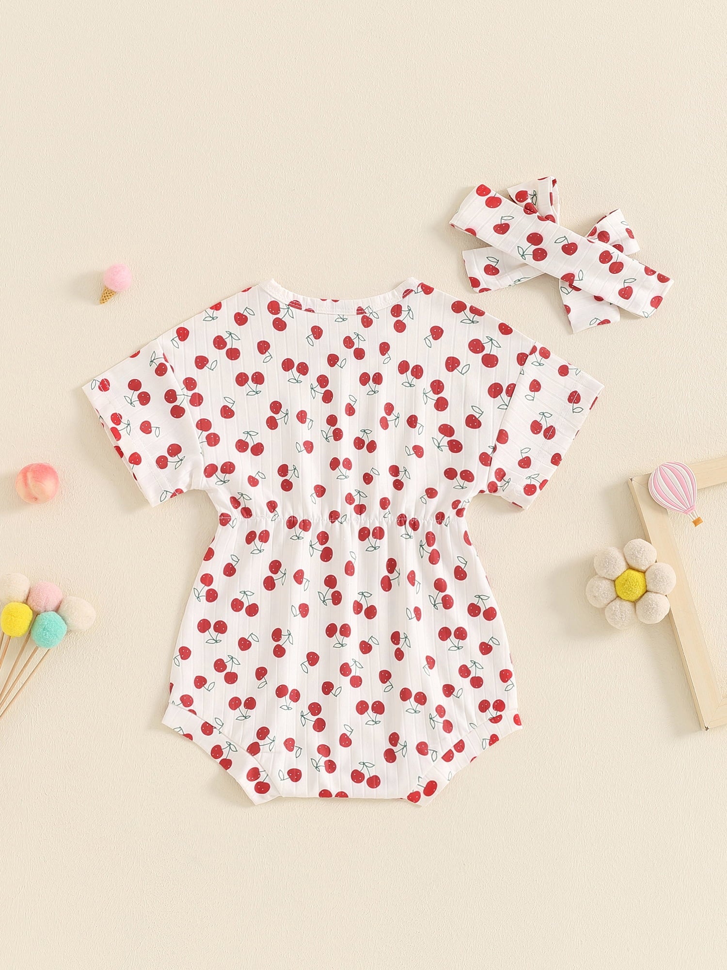Suealasg Baby Girl 2Pcs Summer Outfits Short Sleeve Cherry Print Romper +Headband Set 3 6 9 12 18 Months Infant Newborn Girl Clothes