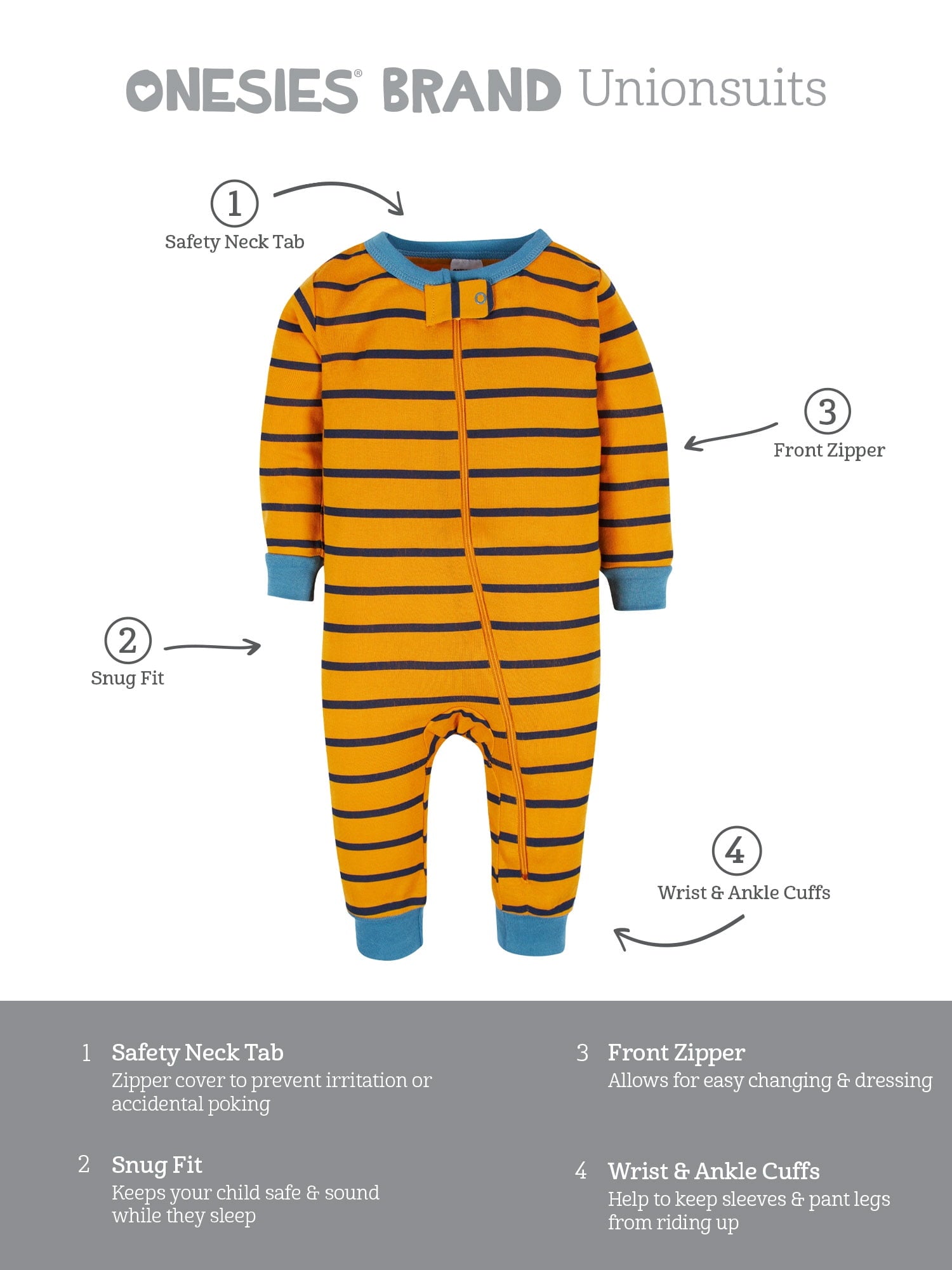 Onesies Brand Gender Neutral Footless Unionsuits, 3-Pack, Sizes 0/3 Months - 5T